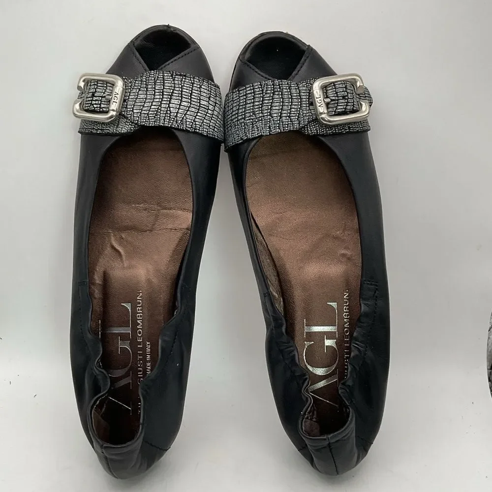 AGL ladies ballet flats shoes 38 1/2 us 8 1/2 black silver peep toe leather chic - Picture 8 of 13